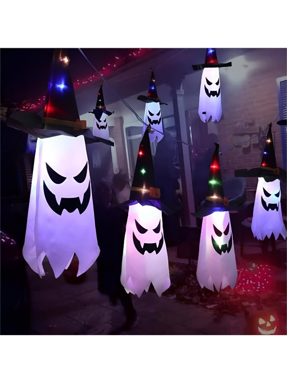 Halloween Decor, Hanging Outdoor String Lights Glowing Ghost Witch Hat, 5 Pcs
